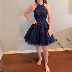 Sherri Hill Short Halter Top A Line navy Dress 4